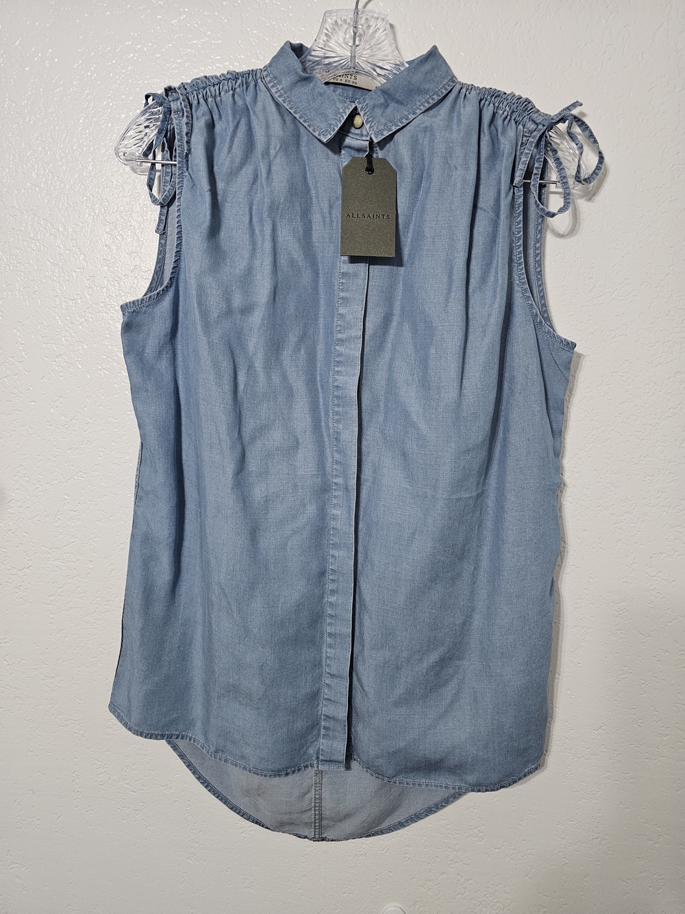 AllSaints Drain Bay Shirt Chambray Lyocell Sleeveless Button Front Tie Top US 4 - Picture 2 of 11